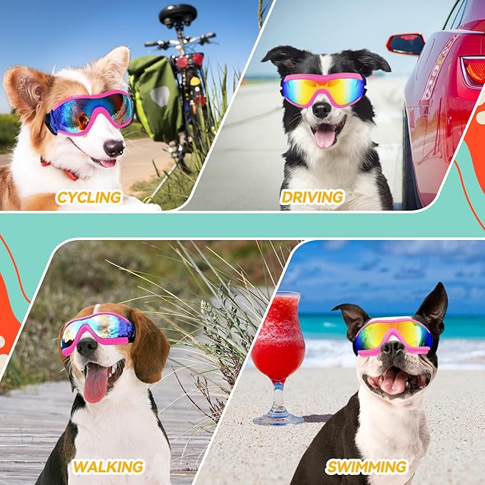 Dog Goggles for Large Breed, Dog Sunglasses Medium Dogs, UV Protection Dustproof Doggy Goggles with Adjustable Straps, Pet Glasses for Medium to Large Breed, Pink