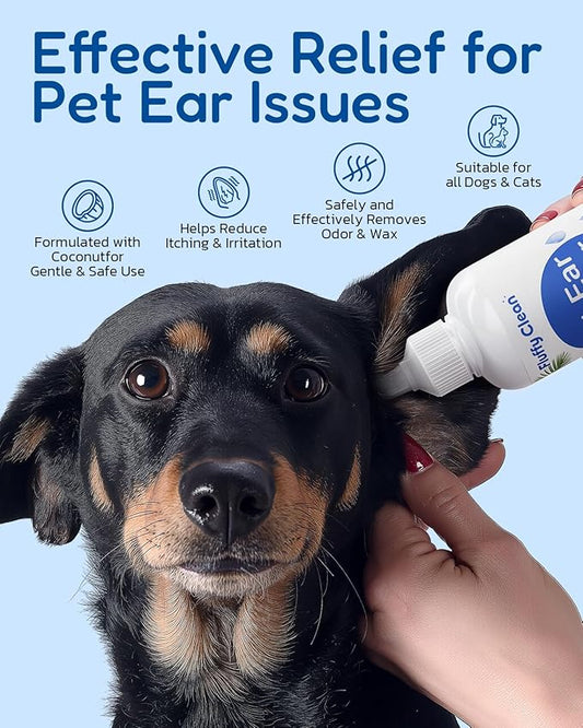 Dog Ear Cleaner - Pet Ear Wash, Flush and Drop Cleaner Solution for Cat & Dog Infection and Itch Relief, Gently Removes Debris, Wax Buildup, Odor - 8 fl oz