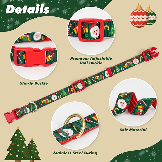 azuza Christmas Dog Collar Santa Print Xmas Pet Collar with Removable Red and Green Bowtie, Adjustable Dog Collar Accessories for Small Dogs