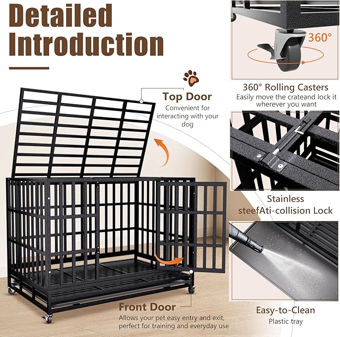Enhanced Heavy Duty Dog Kennel Crate Cage with Strong Metal Frame, Double Doors and Lockable Wheels, for Extra Large Dog Breeds, Pet Playpen (Square, 48 inch)