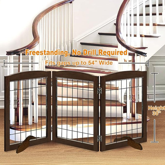 LZRS 3-Panel Freestanding Adjustable Wooden Dog Gate—30" Tall Foldable Pet Barrier with Support Feet, Chew-Resistant Solid Hardwood & Steel Wire Safety Fence for Doorways, Hallways, and Stairs, Walnut