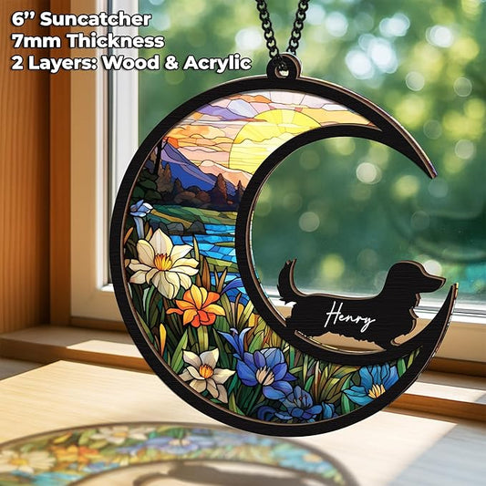 6'' Dachshund Long Hair Memorial Suncatcher, Custom Name, Pet Ornament Window Car Hanging, Sympathy Gift for Loss of Pet, Passed Away Remembrance Gift for Dog Lovers 12-SS1