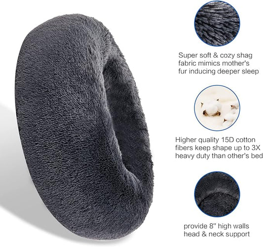 SAVFOX Plush Calming Dog & Cat Beds - Donut Shaped, Comfy Cuddler in Faux Fur, Washable, Multiple Sizes XS-XXL