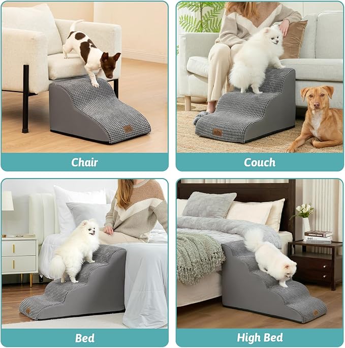 Dog Stairs for Small Dogs 19.7" H, Curved Dog Step for Puppy, Older or Cat, Medium Pet Ramp for Sofa, Couch or Bed, Ladder with High Density Foam, 4 Step, 15.7x28.3x19.7 inch, Dark Grey
