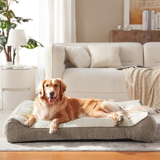 JOEJOY Extra Large Orthopedic Dog Beds Large Sized Dog, Extra Thick Supportive Big Dogs Bed with Sides and Waterproof Lining, Ultra Soft Pet Bed Sofa, Beige, 48''x35''