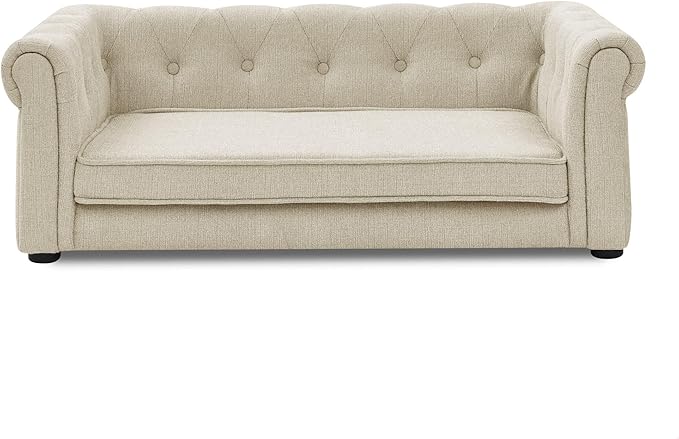 GDFStudio Modern Linen Dog Sofa for Small and Medium Dogs Elevated Pet Bed with Armrests and Backrest Durable and Comfortable Upholstered Pet Furniture, Beige