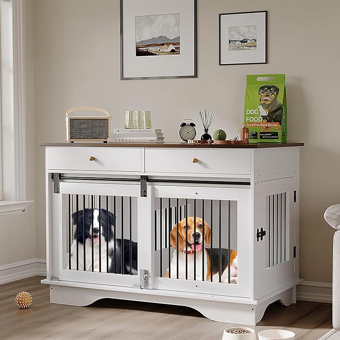 Large Dog Furniture Crate, 47 in Furniture Style Dog Crate with Removable Divier for Large/Medium/Small Dogs,White&Brown