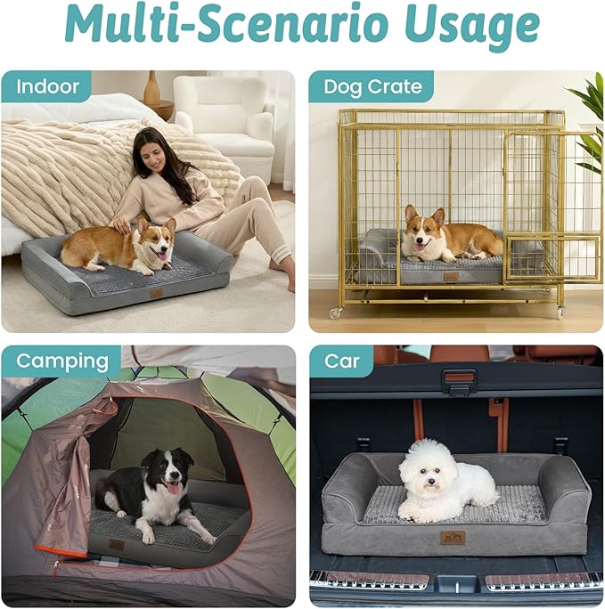 Orthopedic Large Dog Beds, Bolster Pet Couch with Waterproof Lining, Egg Crate Foam Sofa for Pets Up to 65 lbs, U-Shaped, 36x27x6.5 inch, Grey