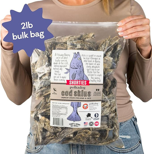 Polkadog Cod Skins for Dogs (2lb Shortie) - Single Ingredient, Wild-Caught Fish Skin Dog Treats for All Breeds – High in Lean Protein & Omega-3. Hypoallergenic, Grain Free. Handcrafted & Made in USA