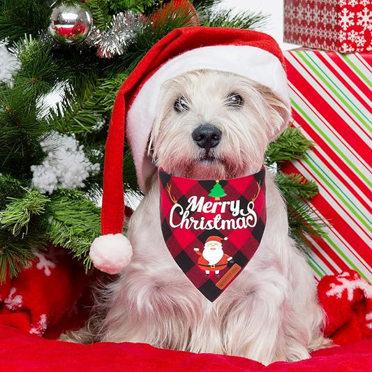 ADOGGYGO 2 Pack Dog Bandana Christmas Classic Plaid Pet Scarf Triangle Bibs Kerchief Merry Christmas Santa Snowman Bandana for Small Dogs Cats (Small)