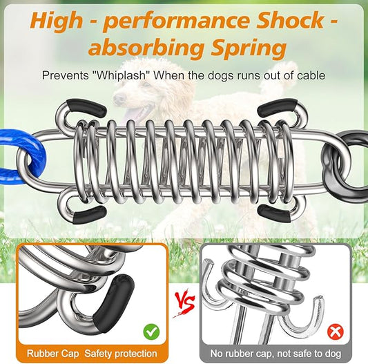 Tresbro 30 FT Dog Tie Out Cable with Spring, Shock Absorbing Tether Chains for Outside Aavilable in 10/15/20/25/30/40/50/70/100/120 FT, Heavy Duty Leads for Yard for Medium & Large Dogs Up to 500 LBS
