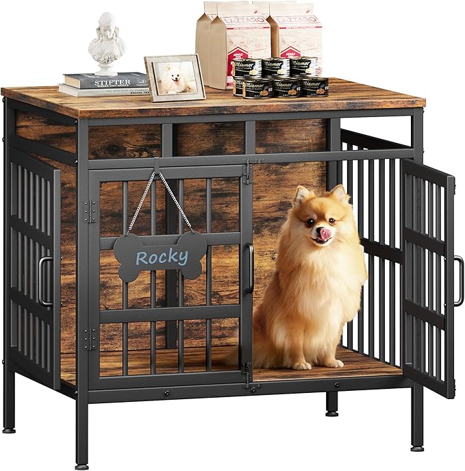 29 Inch Dog Crate Furniture, Heavy Duty Dog Kennel for Small or Medium Dogs, Double Doors Indoor Decor Pet House Cage, Anti Escape Wooden Dog Cage with Name Tag End Table, TV Stand, Brown
