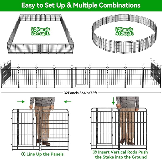 Dog Fence Outdoor 32 Piece Panels 47" Height, Square Steel Pipe with Reinforced Crossbars, Anti-Rust Heavy Duty Dog Playpen with Doors Portable for Yard RV Camping, Total 71FT, 406 Sq.ft, Snowy Black