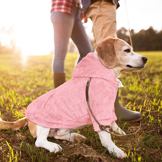 Dog Sweater,Dog Hoodies,Warm Fuzzy Fleece Sweatshirt with Hood & Pocket,Leash Hole,Cozy Cold Weather Pet Clothes Pet Sweater for Small,Medium,and Large Dogs(Pink,L)