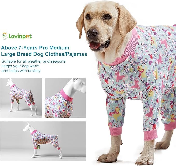 LovinPet Large Breed Dog Pajamas Onesie, Lightweight Stretchy Knit Dog Jammies, Unicorn Seafoam Print, Stop Shedding for Dogs, Pet Pajamas for Dogs, Pet PJ's, XL