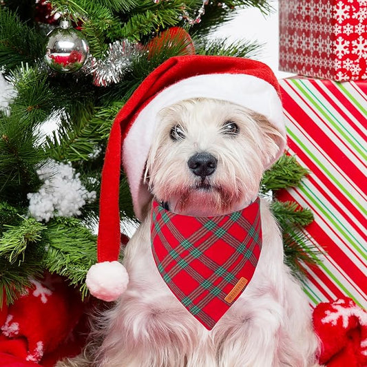 ADOGGYGO Christmas Dog Bandanas 2 Pack, Red Green Plaid Pet Xmas Scarf Bib, Multiple Sizes, Christmas Bandanas for Small Dogs (Small)