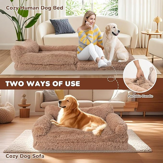 72" Foldable Human Dog Bed for Adults, Fluffy Faux Fur with Blanket, Orthopedic Washable Dog Bed with Memory Foam and Water Repellent Liner Extra Large Thick for Pet