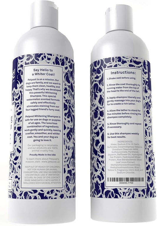 Petpost | Dog Whitening Shampoo with Coconut Oil & Aloe. Brightens White & Light Coats, Moisturizes Skin. Watermelon Scent. 8 oz