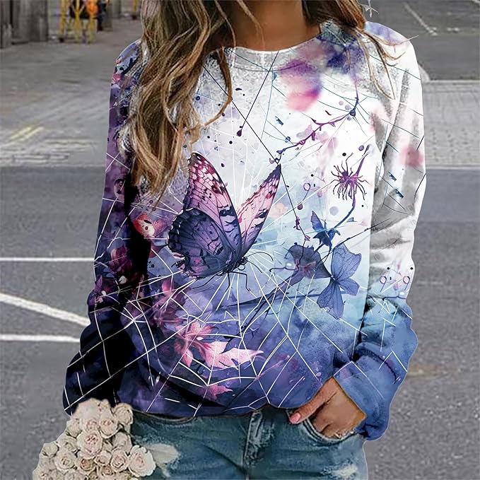 MARSVOVO Fall Sweatshirt for Women Novelty Spider Web Shirt Dressy Casual Crewneck Tunic Tops Spring Graphic Pullover