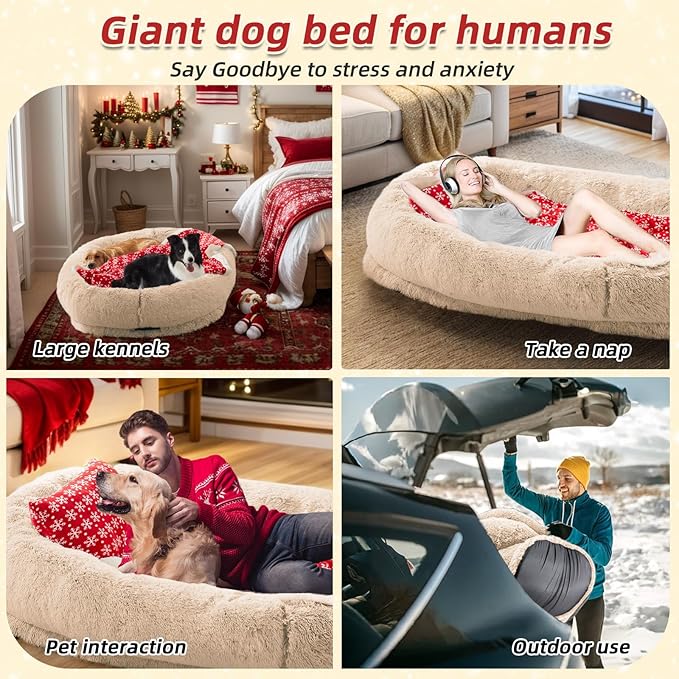 Human & Pet Bed - 71''x45''x12'' Washable Faux Fur, Orthopedic Dog Bed for Napping, Plump Pillow & Blanket, Strap - Beige