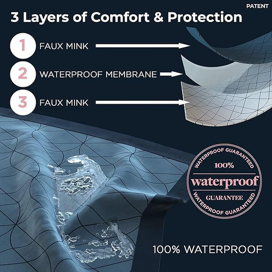 Waterproof Dog Blanket for Bed – 90x90 Inch King/Queen Size – Pet Hair Resistant Blanket for Small to Large Dogs – Washable, Leakproof, Reversible Bedspread for Bed Protection – Blue/White