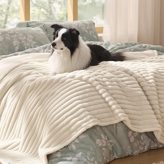 Bedsure Waterproof Dog Blankets for Large Dogs - Soft Pet Cat Blanket Corduroy Fleece for Couch Bed Protector Washable, Cozy Calming Reversible Furniture Protection for Puppy,50"x60", Cream