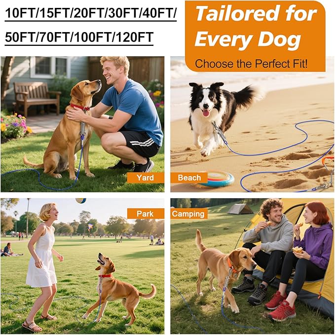 Tresbro 100FT Dog Tie Out Cable with Spring, Shock Absorbing Tether Chains for Outside Aavilable in 10/15/20/25/30/40/50/70/100/120 FT, Heavy Duty Leads for Yard for Medium & Large Dogs Up to 500 LBS