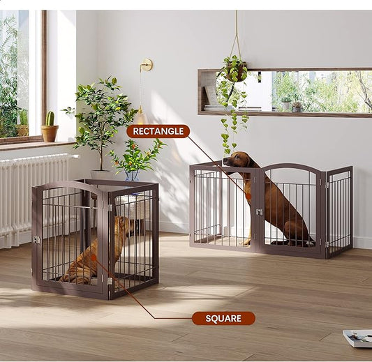 JSB 96-inch Extra Wide 30-inch Tall Dog gate with Door Walk Through, Freestanding Pet Gate for Halls, Stairs & Home, Pet Puppy Safety Dog Fence with 2PCS Support Feet (Espresso)