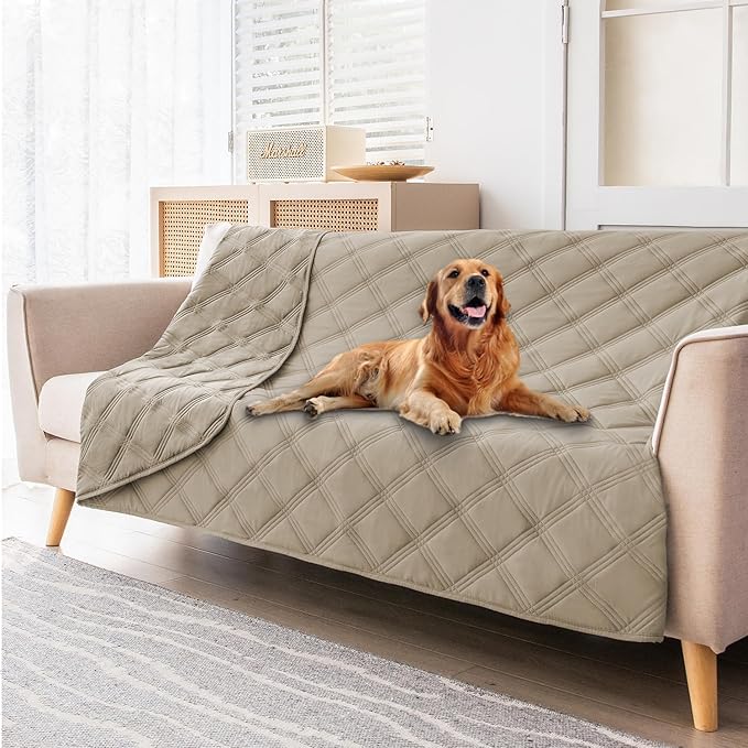 fuguitex Waterproof Dog Blanket Reversible for Small Dogs Resistant Leakproof Washable Couch Cushion Bed Protector Cover for Indoor Furniture Pet Friendly(82"*102",Brown+Khaki+Khaki