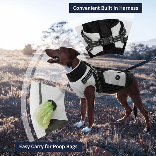 IECOii Large Dog Coat with Harness Built in,Reflective Waterproof Dog Coat for Giant Breeds - Zip Up Fleece Jacket for Dogs,Great Dane Winter Coats Warm Snowsuit for Cold Weather, Black, 4XL