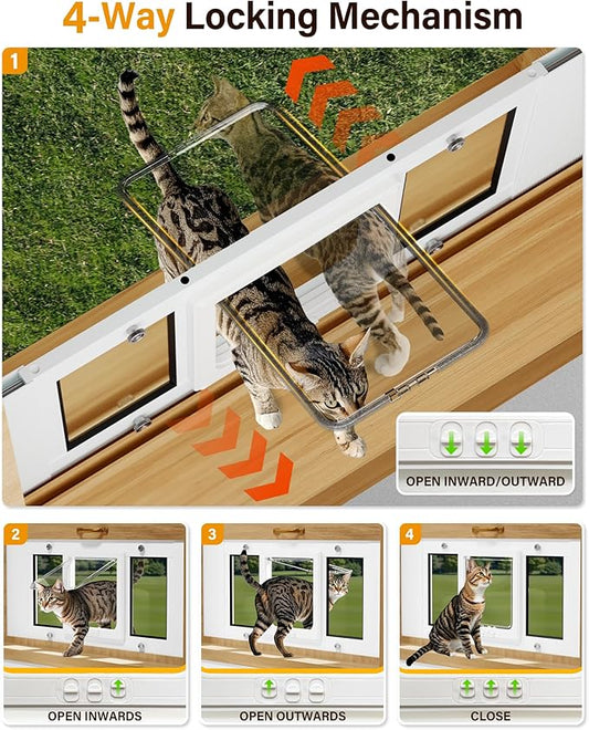 Cat Door for Window Weatherproof: Aluminum Frame Flap Pet Door Fit Window Insert - Easy Adjustable to Quick Fit Windows Width 31"-36" - 4 Secure Lock Modes with Magnetic Closure for Cats Dog