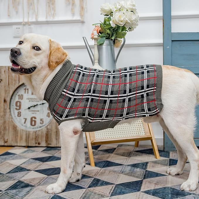 PUPTECK Dog Sweaters for Large Medium Small Dogs - Fall Classic Plaid Style Puppy Holiday Winter Coat Clothes Warm, Grey, XL