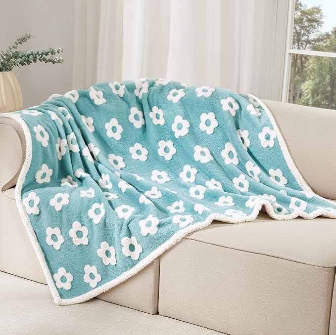 Luciphia Waterproof Pet Blanket for Medium Large Dogs Washable Fluffy Thick Jacquard Shag Fleece Warm Sherpa 3D Textured Flower Print for Cats Puppy Couch Protection (Blue,67x57 inches)