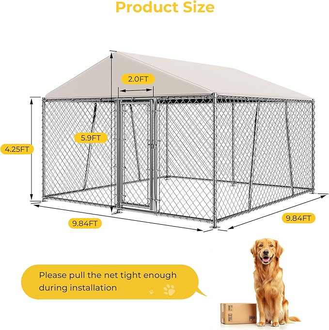 Lyromix 10 x 10FT Large Outdoor Dog Kennel with Roof, Dog Kennel Outside with Waterproof Cover, Galvanized Heavy Duty Chain Link Dog Runs Cage Playpen for Outside with Secure Lock