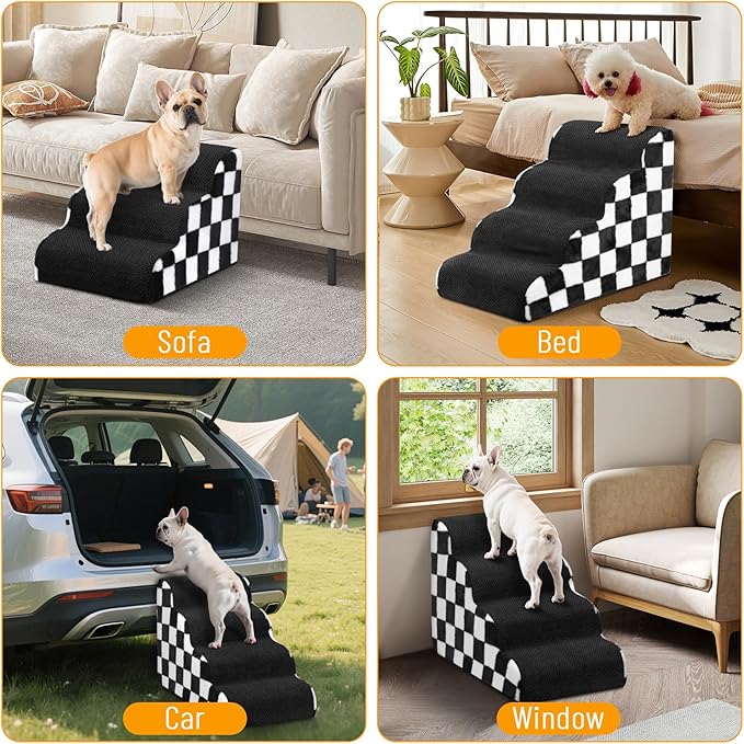 Dog Stairs for Bed, Dog Steps for Bed and Couch, Non-Slip Balanced Pet Ramp Indoor, Checkerboard Pattern. 20.5inches H, 4-Step