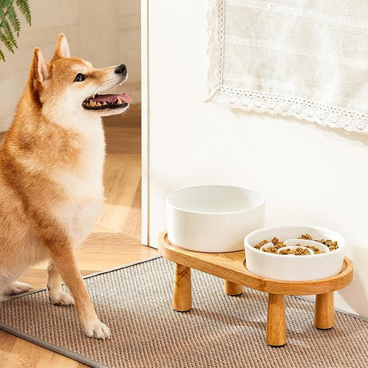 Ceramic Slow Feeder and Water Bowl Set for Small Dogs, 6.0inch Ceramic Dog Bowls Elevated with Wooden Stand, 0.6 Cups Dog Slow Feeder(14oz) and 30oz Water Bowl Set, White