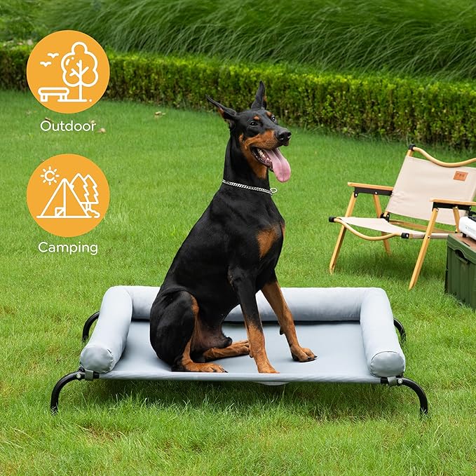 Cooling Elevated Dog Bed with Pillows,Portable Washable Raised Dog Cot with Chew Proof Mesh and Metal Frame,No-Slip Rubber Feet for Indoor & Outdoor Use,XLarge,Gray