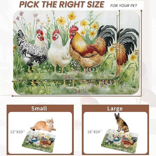 Chicken Rooster Dog Food Mat for Floors,Farm FlowerAbsorbent Pet Food and Water Bowl Mats,Non-Slip Pet Feeding Mat,Pet Supplies 16" x 24"