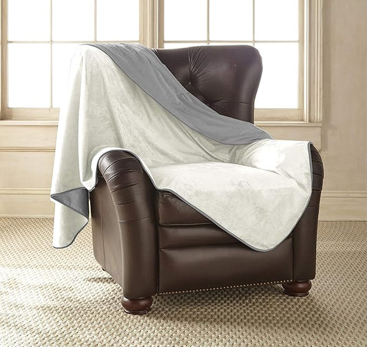 Mambe Silky Waterproof Throw for Protecting Furniture Bed Couch from Stains Caused by Dogs, Cats, Incontinence. Soft, Washable, Reversible. (Size Large 70x90 inches, Color Buff/Dove)