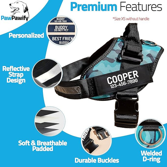 PawPawify Custom No Pull Dog Harness with Name and Phone Number, Heavy Duty Personalized Pet Vest to Prevent Tugging, Pulling, or Choking, Training and Walking (Camouflage Blue, S (Chest 16-21in))