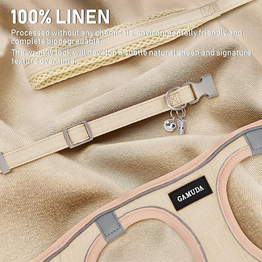 GAMUDA Small Pet Harness Collar and Leash Set, Step in No Chock No Pull Linen Fabric Soft Mesh Dog Vest Harnesses Reflective for Dogs Puppy Cats Kitten Rabbit (Khaki, XL)