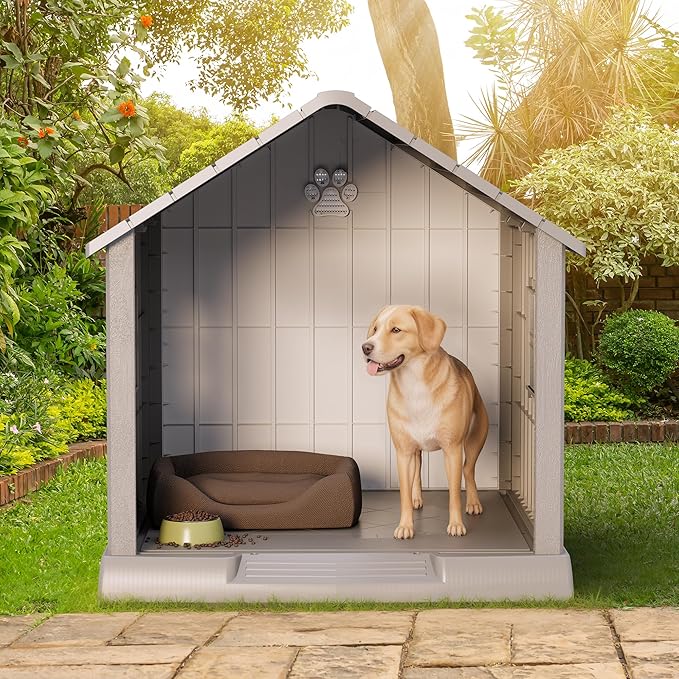 Fancyango Dog House Outdoor Indoor - Waterproof, Ventilated, Easy to Clean, Elevated Floor for Small-Large Dogs, Easy to Assemble (Grey, 37.2" L x 40" W x 40" H)