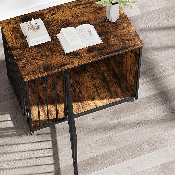 Dog Crate Furniture for Large and Medium Dogs, 42 Inch Wooden & Steel Decorative Indoor Kennel, Pet Cage End Table for Home, Escape-Proof & Chew-Proof, Rustic Brown