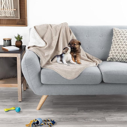 PETMAKER Waterproof Pet Blanket - 30x40-Inch Reversible Sherpa Fleece Throw Protects Couches, Cars, and Beds from Spills, Stains, and Fur (Tan)