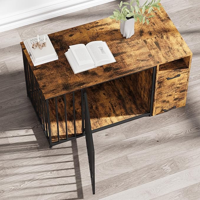 Dog Crate Furniture with Storage Cabinet, 36 Inch Wooden & Steel Decorative Indoor Kennel, Pet Cage End Table for Large and Medium Dogs, Escape-Proof & Chew-Proof, Rustic Brown
