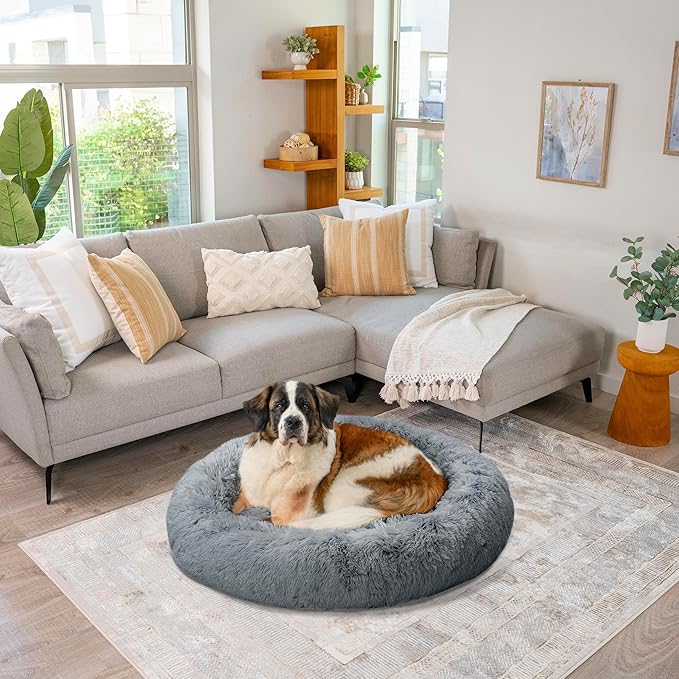 Best Friends by Sheri Original Calming Donut Dog and Cat Bed, Shag Faux Fur, Gray, XL (45in x 45in) - Anxiety Relief for Pets Up to 150 lbs
