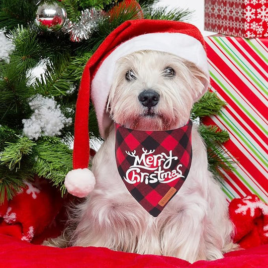 ADOGGYGO Christmas Dog Bandanas, Classic Red Green Plaid Xmas Scarf Triangle Bib, Multiple Sizes Offered, Merry Bandanas for Small Dogs (Small)