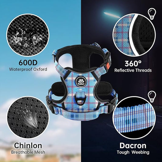 NESTROAD No Pull Dog Harness with Leash, Reflective No Choke Pet Vest Harness,Adjustable Soft Padded Dog Harness with Easy Control Handle for Medium Dogs(Checkered Blue,Medium)