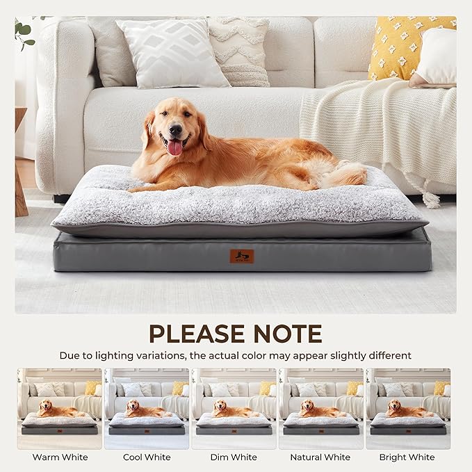 Washable Dog Bed for Medium Large Size Dog, Plush Pillow Pet Bed with Cooling Leather Egg-Crate Foam Base, Waterproof Kennel Bed with Removable Cover, 55" x 42" Comfort Cushion Bed, Dark Grey