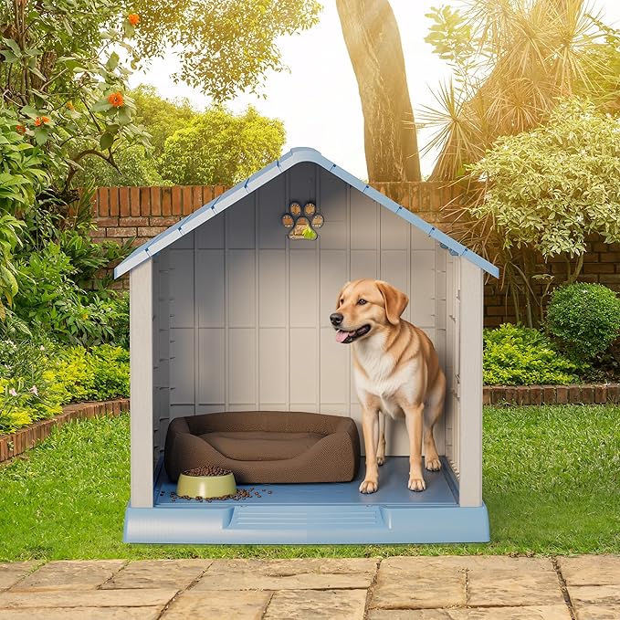 Fancyango Dog House Outdoor Indoor - Waterproof, Ventilated, Easy to Clean, Elevated Floor for Small-Large Dogs, Easy to Assemble (Blue, 31" L x 33.3" W x 33.5" H)